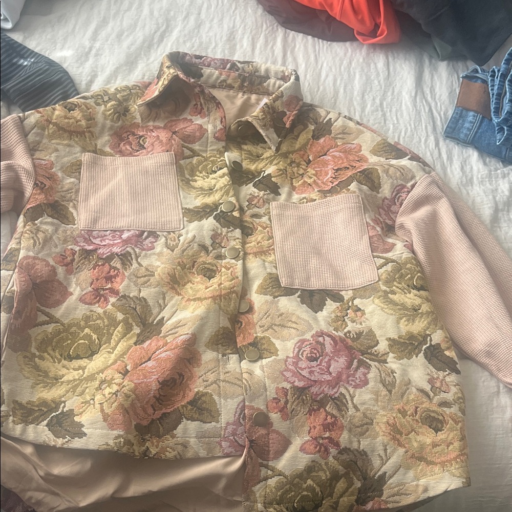 Floral Button-Up Jacket with Pockets